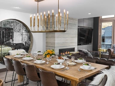 Elegant dining room of a Life Elevated managed penthouse on Main Street, Park City